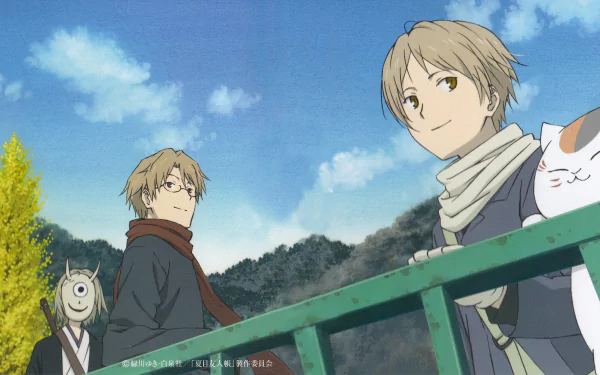 A scenic HD wallpaper from Natsume Yuujinchou, featuring Natsume and friends, including a spirit and a cat, set against a vibrant landscape and blue skies.