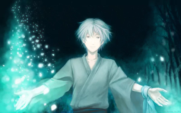 HD PC desktop wallpaper featuring a glowing character from the movie Into the Forest of Fireflies Light, surrounded by ethereal blue fireflies in a dark forest.