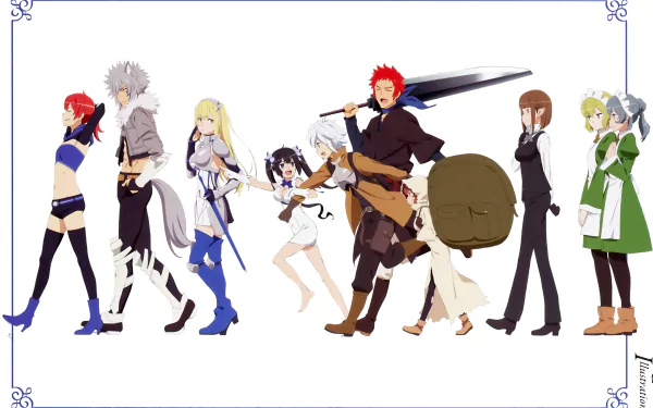 4K Ultra HD desktop wallpaper featuring main characters from the anime Is It Wrong to Try to Pick Up Girls in a Dungeon? in a clean, white background.