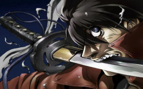 HD anime wallpaper featuring Toyohisa Shimazu from Drifters, gripping a sword fiercely with intense eyes and dynamic action lines against a dark background.