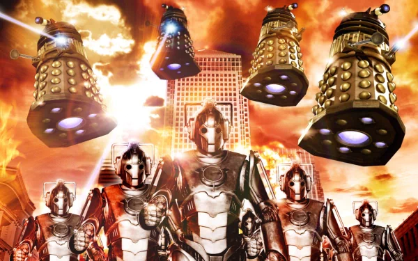 HD desktop wallpaper of Cybermen and Daleks from the TV show Doctor Who (2005), featuring Cybermen in the foreground and Daleks hovering above a cityscape with a fiery sky.