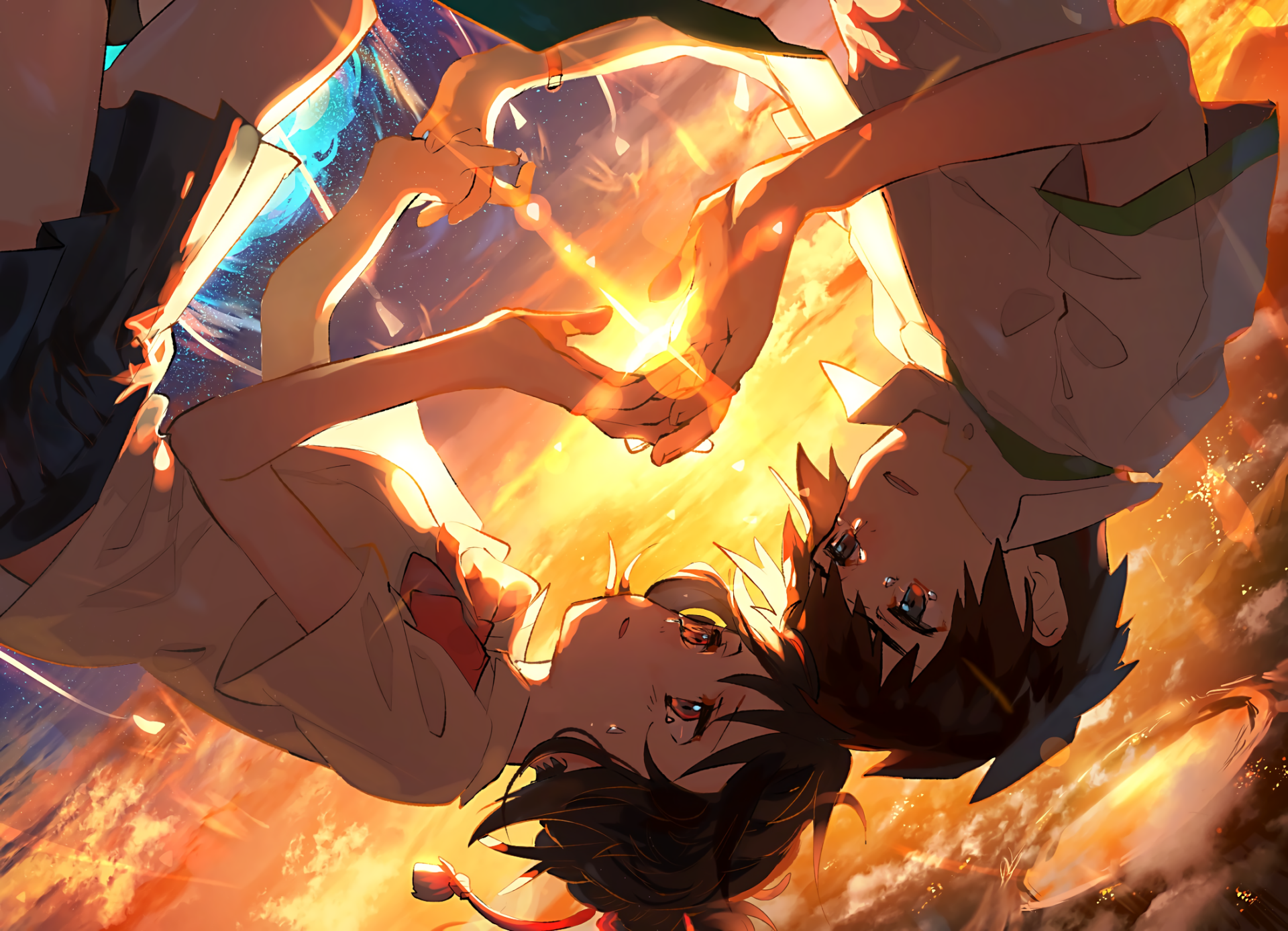 A vibrant HD wallpaper featuring Taki Tachibana and Mitsuha Miyamizu from Your Name. The image showcases a dramatic sunset as they connect, symbolizing their intertwined fates.
