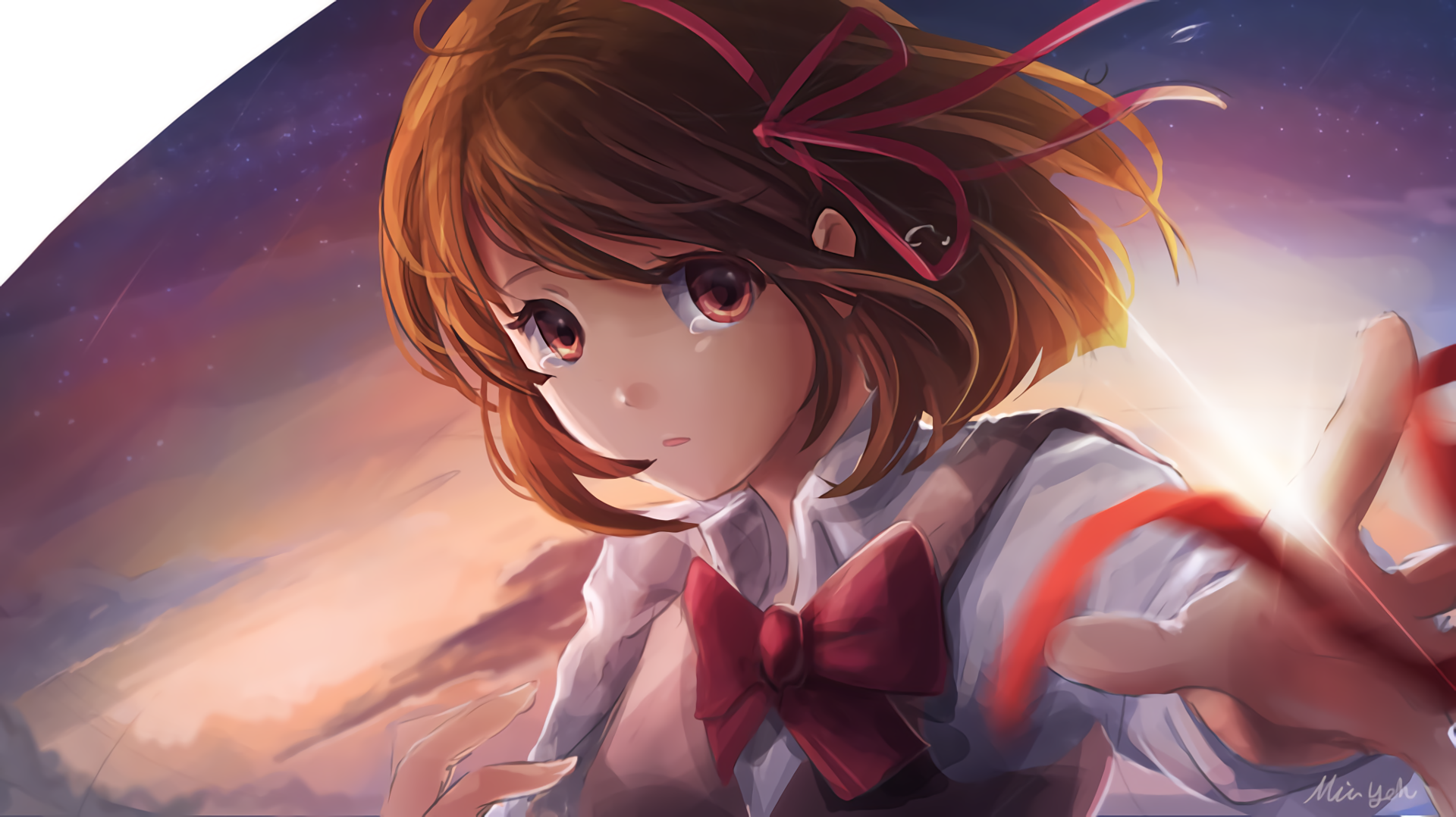 An HD desktop wallpaper featuring Mitsuha Miyamizu from the anime Your Name, showcasing her with a beautiful sunset background and a captivating expression.