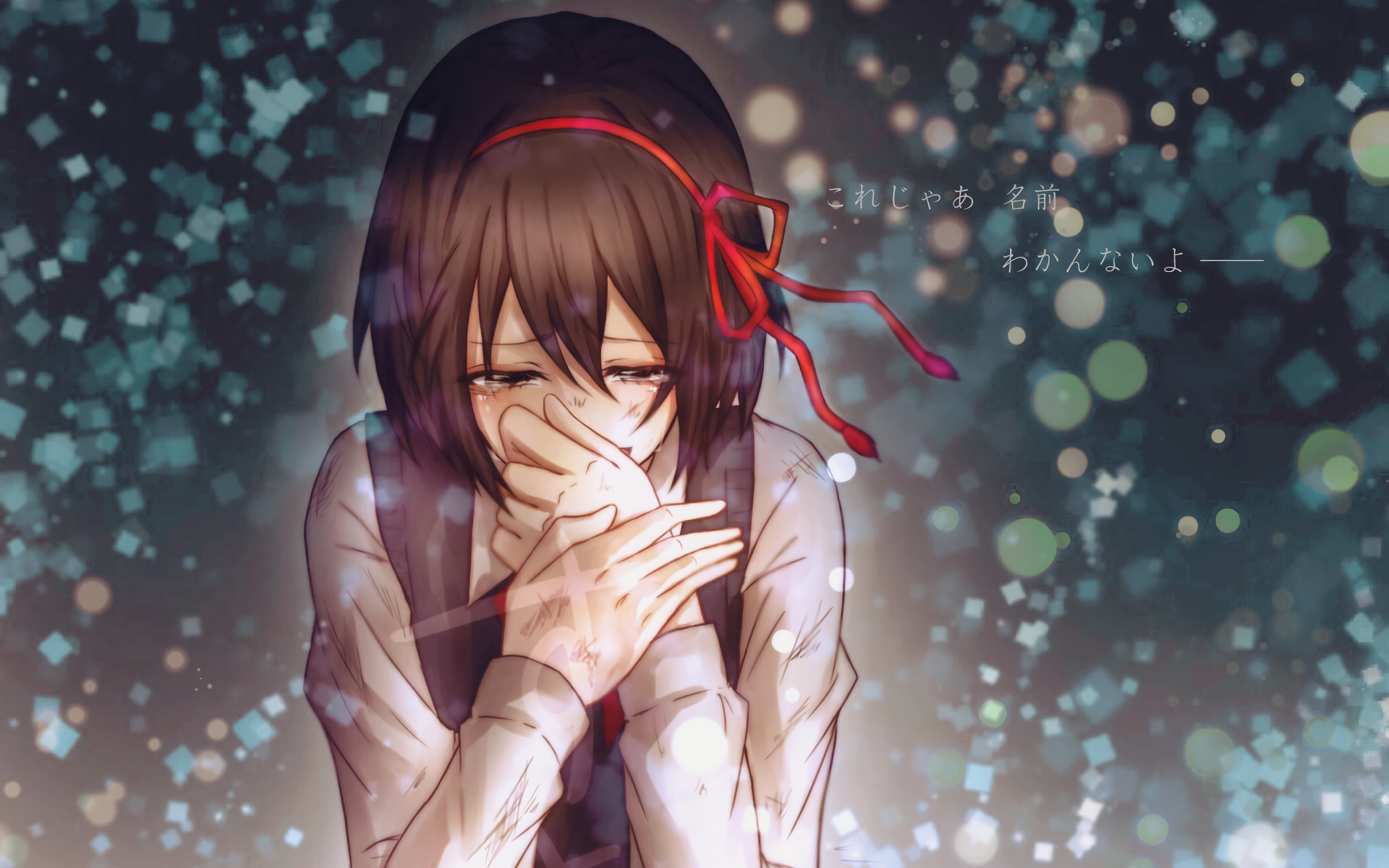 A vibrant HD anime wallpaper featuring Mitsuha Miyamizu from Your Name. She is seen with a contemplative expression, hands covering her face amidst a sparkling background.