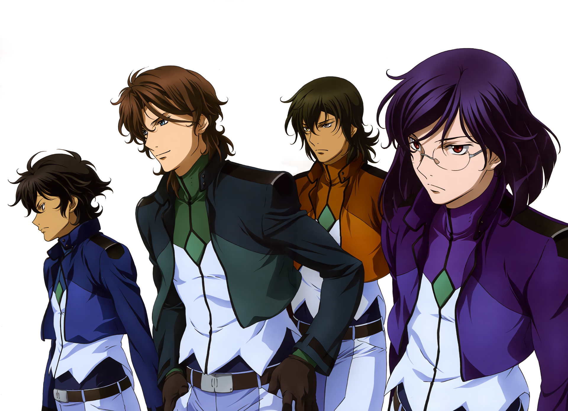 Anime HD PC desktop wallpaper showing four Mobile Suit Gundam 00 pilots in stylized suits, posed in a row with determined expressions against a clean white background.