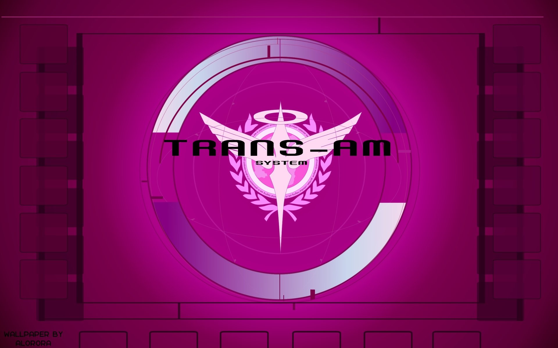 HD PC desktop wallpaper featuring the Trans-Am system logo from the anime Mobile Suit Gundam 00 with a vibrant pink and purple sci-fi design.