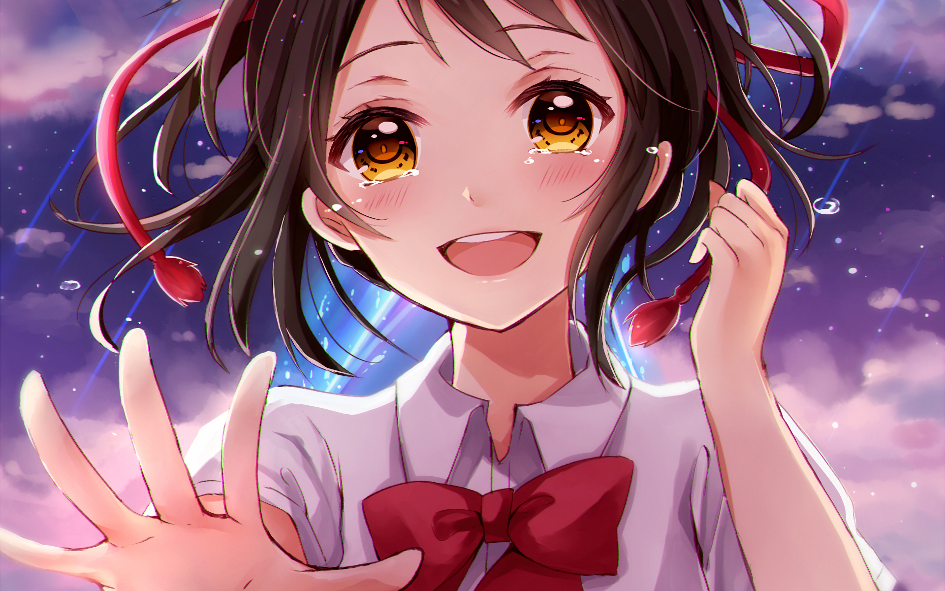 A vibrant HD wallpaper featuring Mitsuha Miyamizu from *Your Name.* with tears in her eyes, smiling warmly against a dreamy sky backdrop.