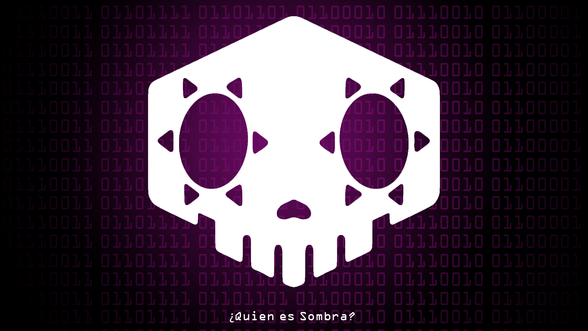 A bold white skull logo with decorative shapes on a vibrant purple background, featuring binary code motifs, representing the video game Overwatch.
