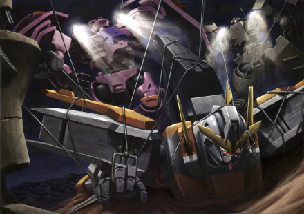 Anime Mobile Suit Gundam 00 2K Quad HD PC desktop background: close-up of a Gundam mech amid tangled cables and other mobile suits under dramatic spotlights.