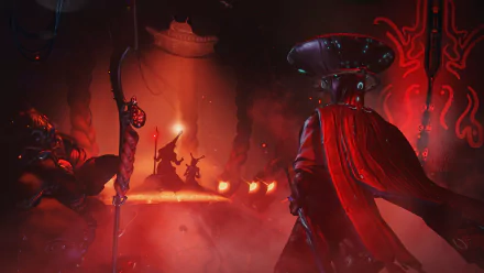 4K Ultra HD PC wallpaper depicting Kuva Guard and Tenshin from the video game Warframe in a dramatic red-lit battle scene.