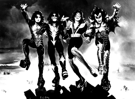 2K Quad HD PC desktop wallpaper showing a four-member rock band in dramatic black-and-white stage makeup and costumes, leaping toward the viewer in a music-themed scene.