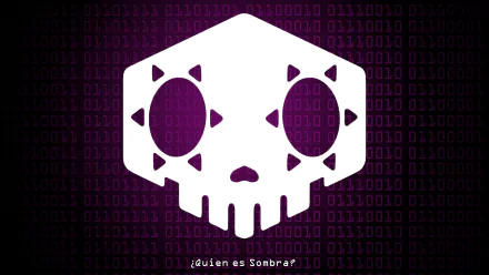 A bold white skull logo with decorative shapes on a vibrant purple background, featuring binary code motifs, representing the video game Overwatch.