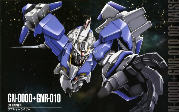 Anime Mobile Suit Gundam 00: GN-0000+GNR-010 00 Raiser mecha lunging through a starfield — 5K Ultra HD PC desktop wallpaper/background.