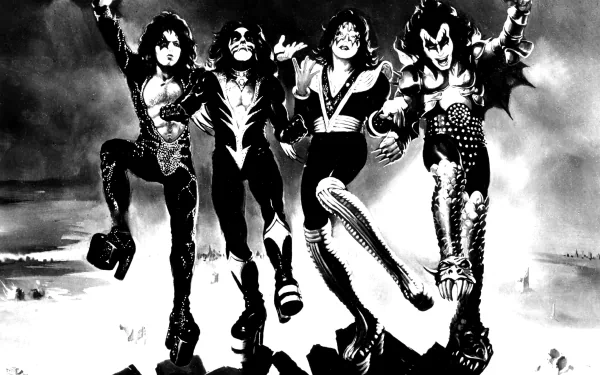 2K Quad HD PC desktop wallpaper showing a four-member rock band in dramatic black-and-white stage makeup and costumes, leaping toward the viewer in a music-themed scene.