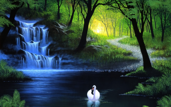 Animal Swan Birds Swans Fantasy Lake Waterfall Nature HD Wallpaper | Background Image