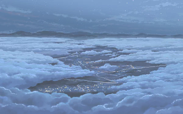 A serene HD anime wallpaper depicting a vast sky filled with soft clouds, illuminated by distant city lights, capturing a tranquil and dreamy atmosphere.