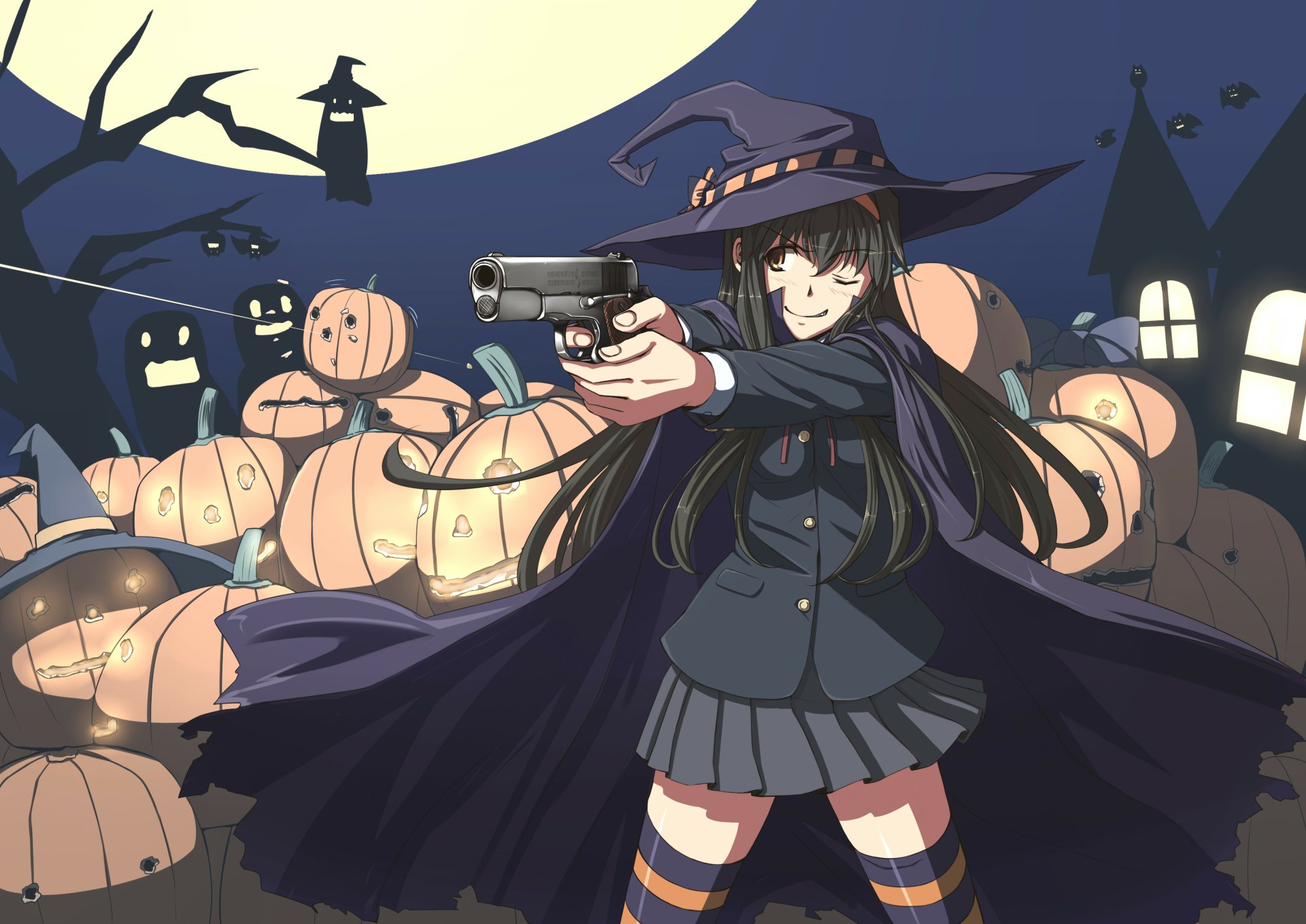 A dark-haired anime girl in a witch's hat points a pistol amidst a field of carved pumpkins under a moonlit sky, capturing the essence of Halloween in this HD wallpaper.