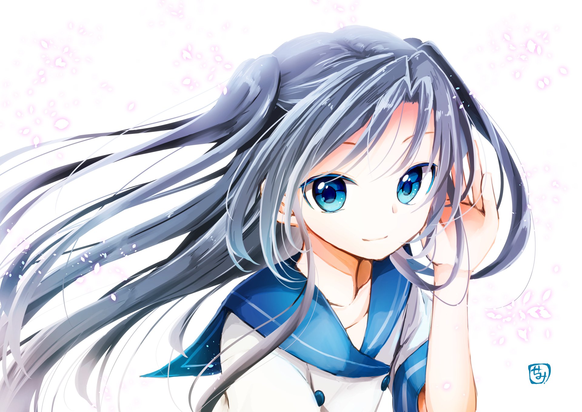 HD anime original artwork of a girl with long flowing silver hair and bright blue eyes, wearing a blue sailor-style school uniform, designed as a PC desktop wallpaper.