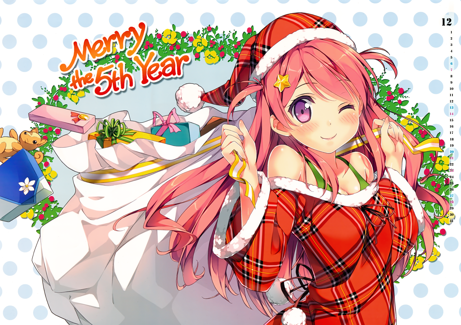 5K Ultra HD anime Christmas desktop wallpaper: pink‑haired 5 Nenme no Houkago girl in a Santa hat and red plaid outfit winking among holly, gifts and a Merry the 5th Year banner.