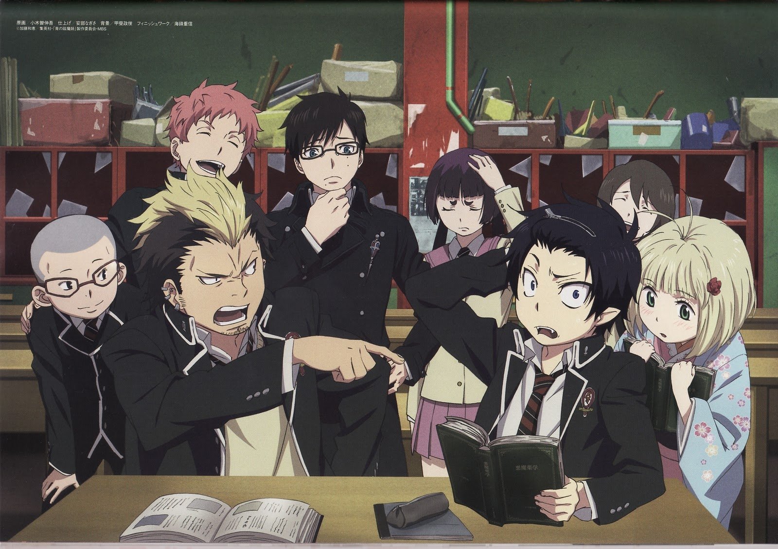 HD PC desktop wallpaper featuring characters from the anime Blue Exorcist gathered around a table in a classroom setting.