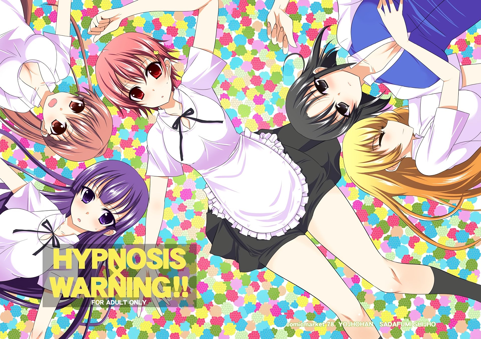 HD PC desktop wallpaper of Anime Working!!: five cheerful café/maid girls sprawled on a vibrant polka-dot background, bright pastel colors and dynamic, playful composition.