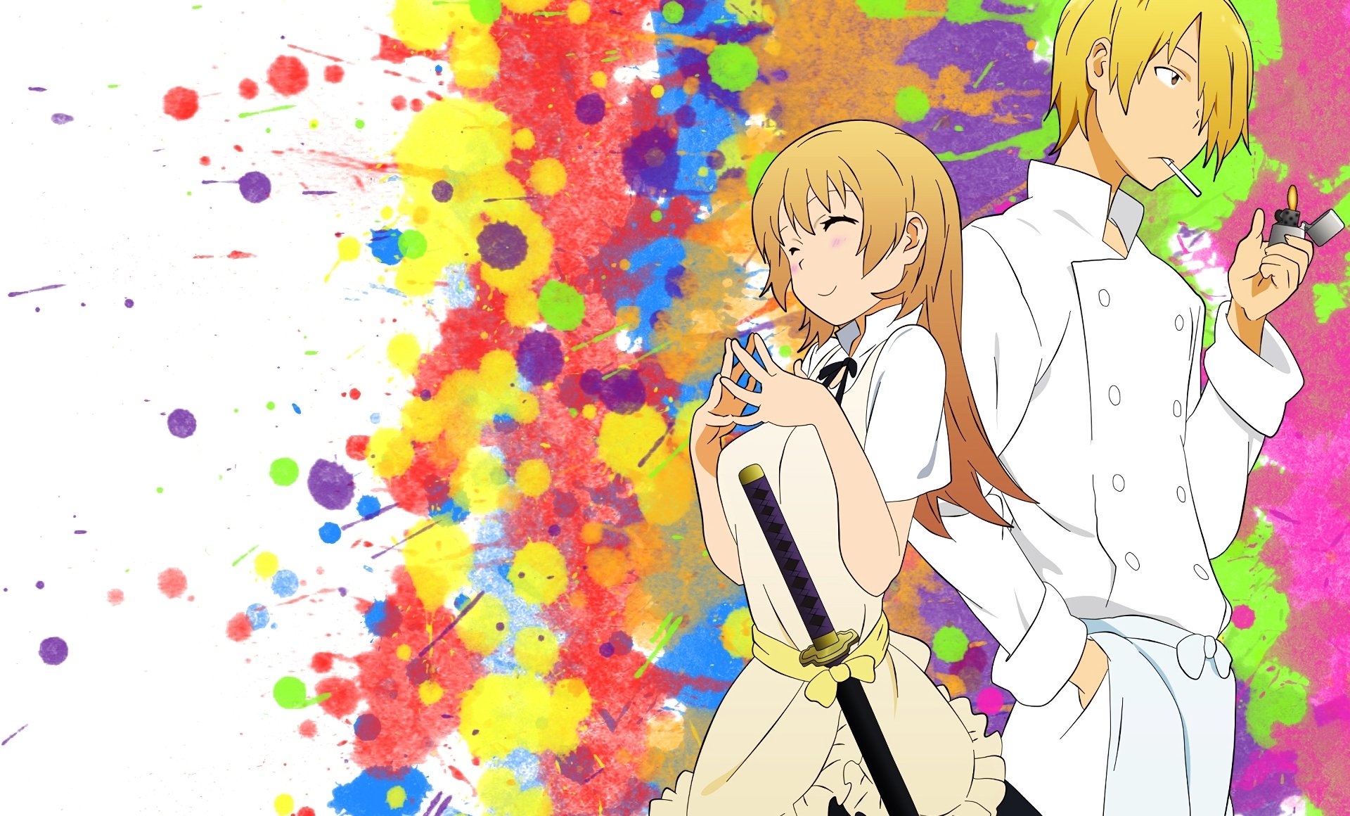 Anime Working!! HD PC desktop wallpaper showing two characters back-to-back: a smiling girl clutching a sword-like object and a blond chef in white against a bright paint-splatter background.