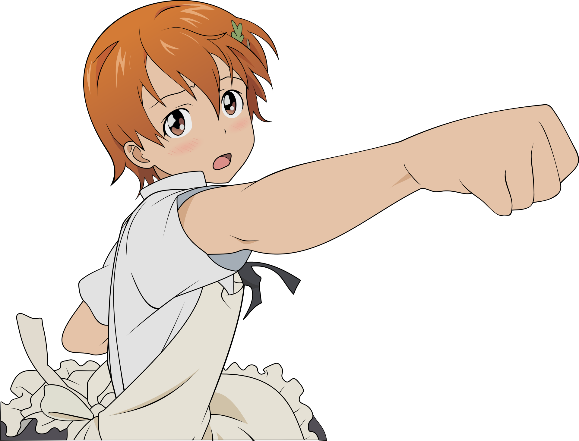 Anime, Working!! 4K Ultra HD PC desktop wallpaper: orange-haired waitress in a maid apron thrusts her arm forward in an energetic, determined pose.