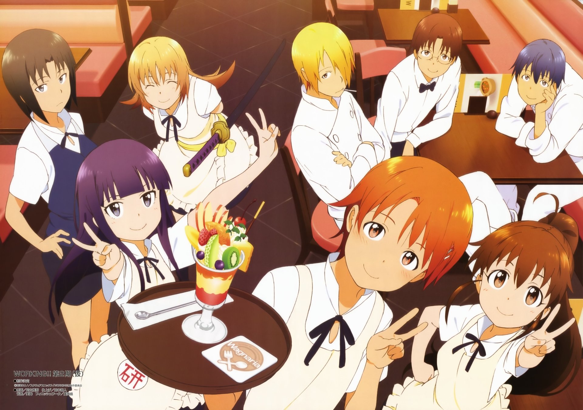 Anime scene from Working!! featuring staff members in a restaurant setting, captured in vibrant colors as a 4K Ultra HD PC desktop wallpaper.