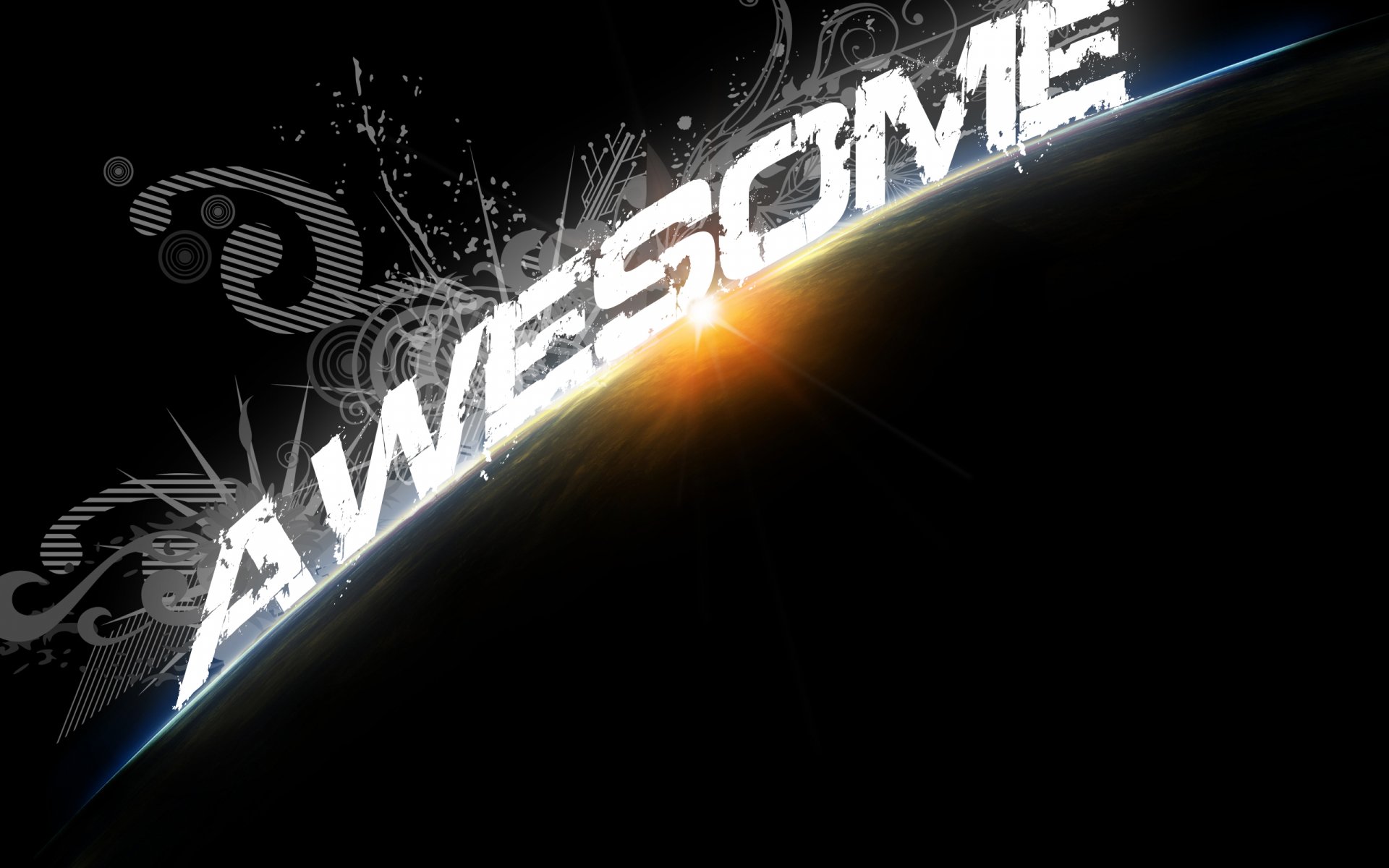HD PC desktop wallpaper featuring the word AWESOME boldly angled over Earth with a bright sun flare, blending a funny and cosmic theme.