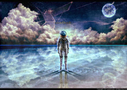Anime-style HD PC desktop wallpaper featuring an astronaut standing in a reflective, water-like surface under a cloudy sky and a glowing moon.