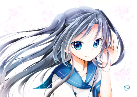 HD anime original artwork of a girl with long flowing silver hair and bright blue eyes, wearing a blue sailor-style school uniform, designed as a PC desktop wallpaper.