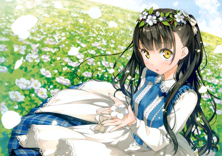 A serene HD desktop wallpaper featuring an original anime character from 5 Nenme no Houkago in a flower-filled meadow, holding blossoms with a gentle expression and a flower crown.