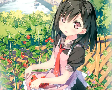 Anime HD wallpaper from 5 Nenme no Houkago, featuring an original character in a garden setting, picking tomatoes, with a scenic background.