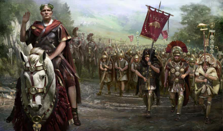 HD wallpaper depicting a Roman legion from the game Total War: Rome II, featuring soldiers in detailed armor and a central figure on horseback, all set in a lush, scenic landscape.