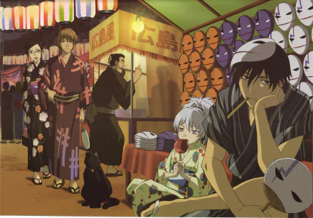 HD desktop wallpaper featuring Yin and Hei from the anime Darker than Black, depicted in a festival scene with lanterns, masks, and traditional attire.