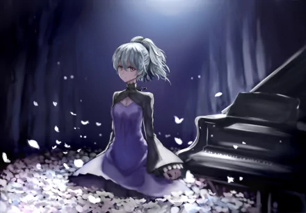 HD wallpaper of Yin from the anime Darker Than Black, featuring her in a purple dress, seated by a grand piano amidst falling petals.