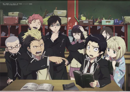 HD PC desktop wallpaper featuring characters from the anime Blue Exorcist gathered around a table in a classroom setting.