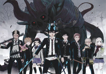 4K Ultra HD Blue Exorcist anime wallpaper featuring the main cast in school uniforms standing boldly with a large demonic creature looming behind them.