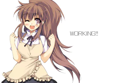 HD PC desktop wallpaper of an anime girl from Working!! — cheerful, winking waitress in apron and bow on a clean white background.