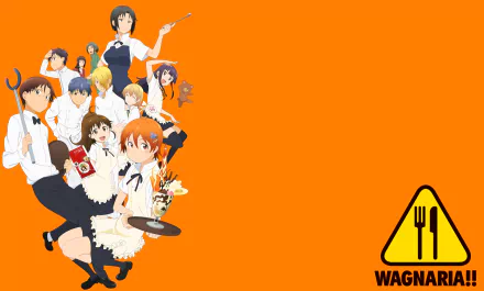 Anime Working!! HD PC desktop wallpaper: the Wagnaria! cafe staff clustered at left on a bright orange background with a yellow caution-style fork-and-knife logo.
