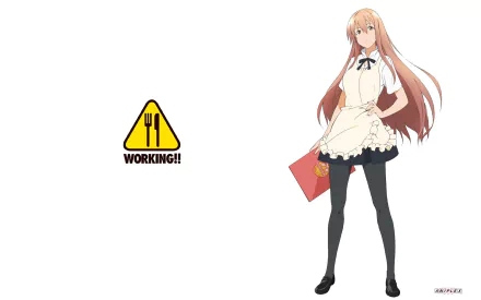 Anime 'Working!!' 2K Quad HD PC desktop wallpaper: pink-haired waitress in a frilly maid uniform holding a red order pad at right, Working!! logo left on a clean white background.