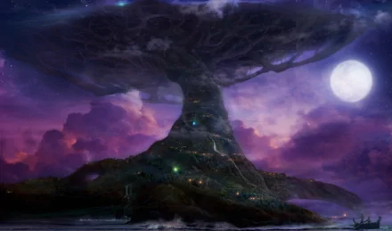 HD desktop wallpaper featuring a fantasy city set under a colossal tree with a glowing moon in the sky, inspired by the video game World of Warcraft.