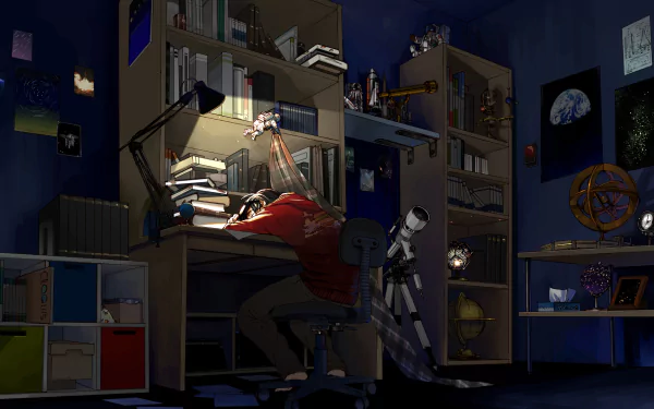 HD lofi anime room desktop wallpaper showing a dimly lit study space with bookshelves, a desk lamp, and a person resting at the desk surrounded by anime and star-themed decor.