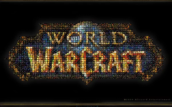 HD desktop wallpaper featuring the iconic World of Warcraft logo, creatively composed of multiple images from the game, highlighting its rich visual style and gaming legacy.