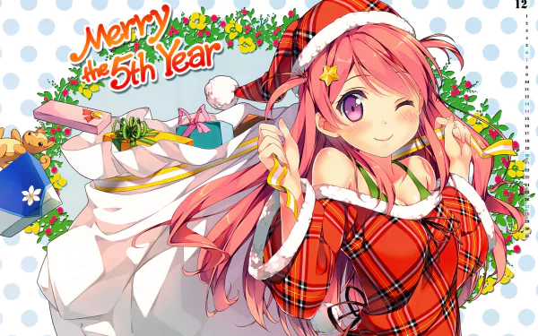 5K Ultra HD anime Christmas desktop wallpaper: pink‑haired 5 Nenme no Houkago girl in a Santa hat and red plaid outfit winking among holly, gifts and a Merry the 5th Year banner.