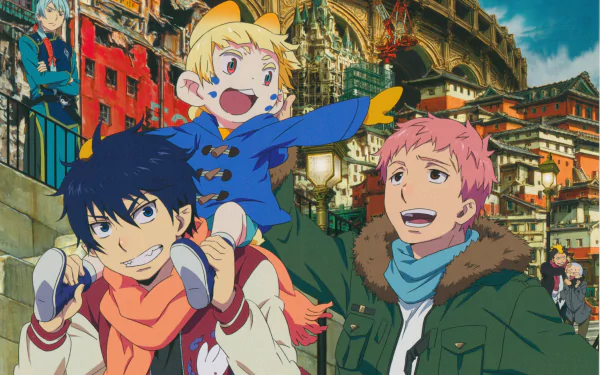 Anime Blue Exorcist characters in vibrant 4K Ultra HD, set against a detailed cityscape, designed as a dynamic PC desktop wallpaper and background.