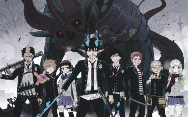 4K Ultra HD Blue Exorcist anime wallpaper featuring the main cast in school uniforms standing boldly with a large demonic creature looming behind them.
