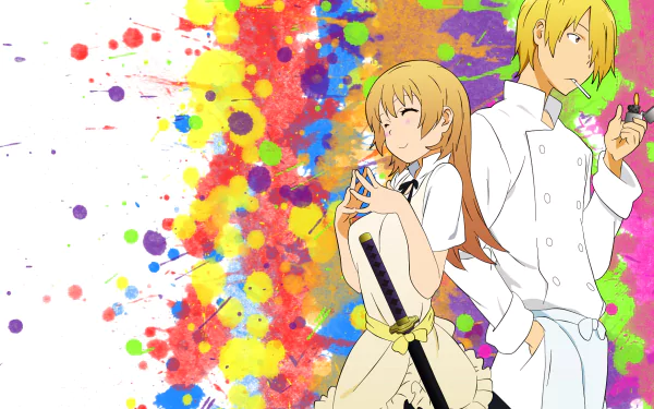 Anime Working!! HD PC desktop wallpaper showing two characters back-to-back: a smiling girl clutching a sword-like object and a blond chef in white against a bright paint-splatter background.