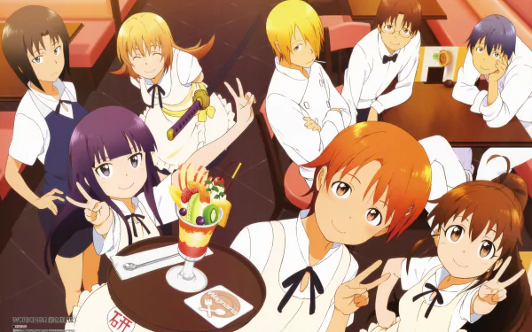 Anime scene from Working!! featuring staff members in a restaurant setting, captured in vibrant colors as a 4K Ultra HD PC desktop wallpaper.