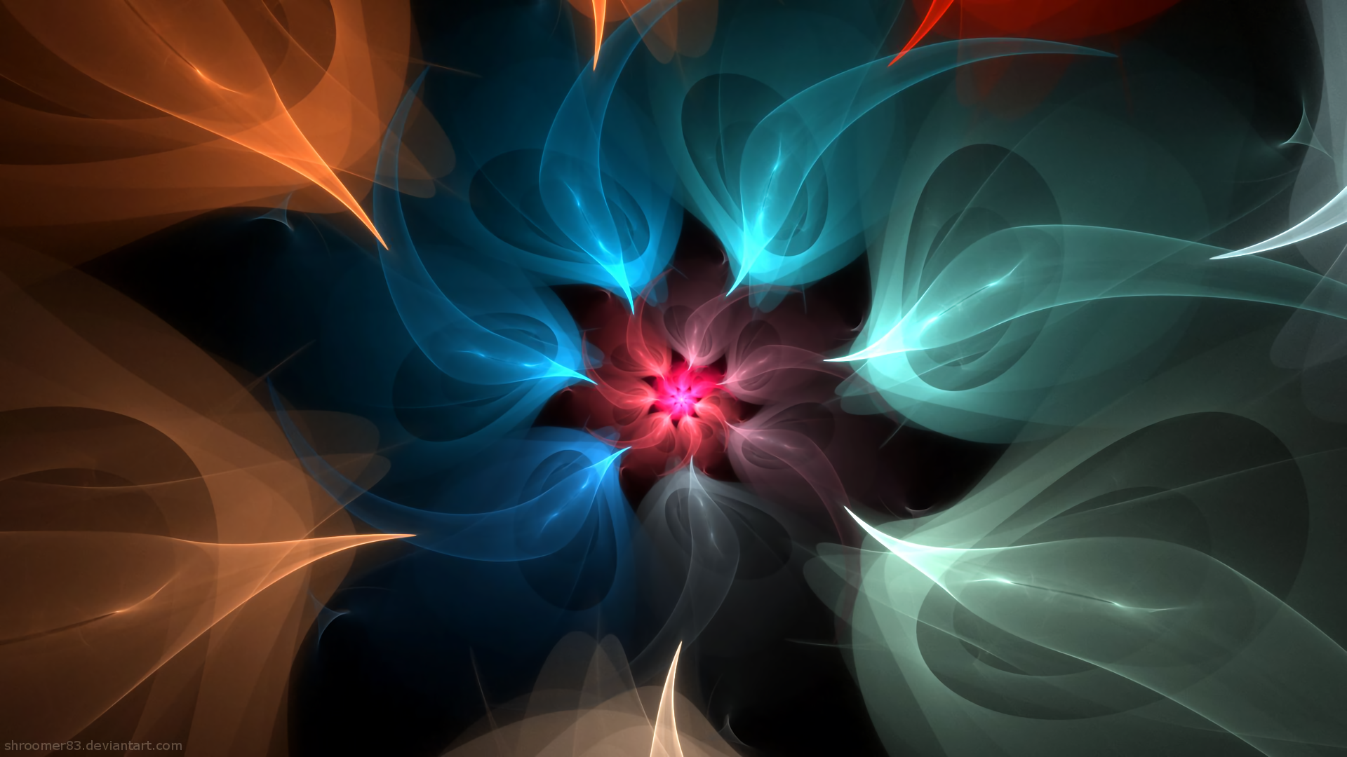 Abstract fractal design resembling a glowing blue and orange flower, rendered in high definition for PC desktop wallpaper and background.